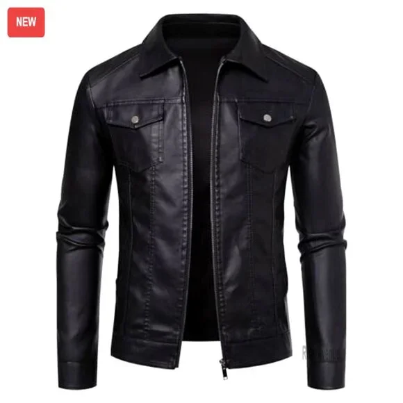Men's Moto Biker Jacket Faux Leather Windproof Coat Size M